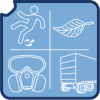 Blue square icon with a runner, leaf, respirator mask, and truck in four sections