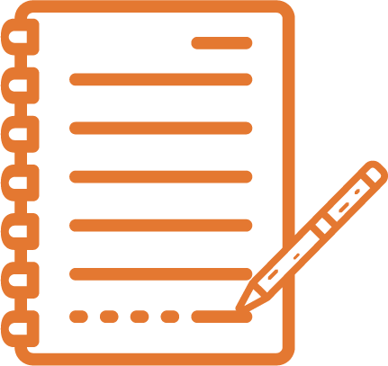 Orange notebook with lined pages and a pencil icon.