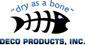 Logo for Deco Products, Inc. with a black fish skeleton and the words “dry as a bone” above it