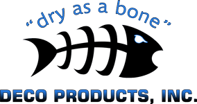 Black fish skeleton logo with “dry as a bone” and “DECO PRODUCTS, INC.” text