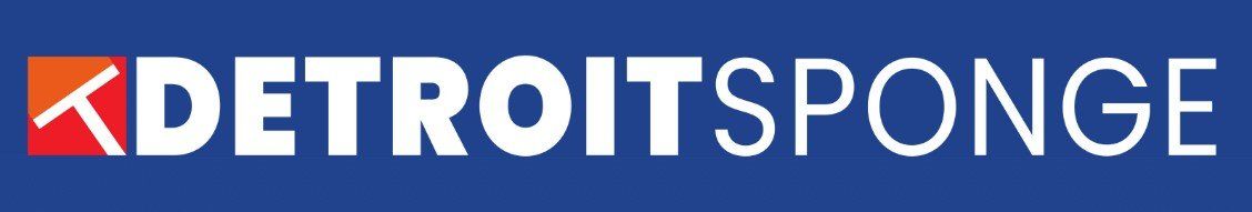 Detroit Sponge logo with blue text and a red-and-white arrow icon on a blue background