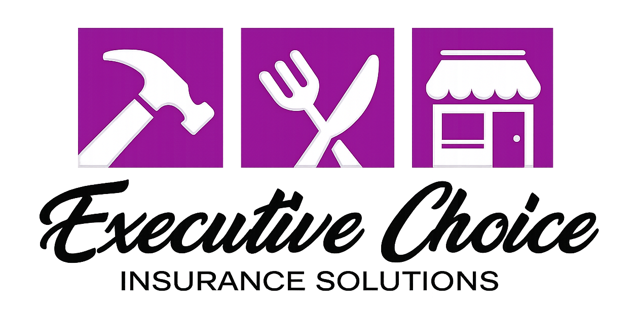 Executive Choice Insurance Solutions logo with hammer, fork and knife, and storefront icons in purple and white