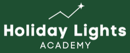 Holiday Lights Academy logo on dark green background with white text and a star-topped light line