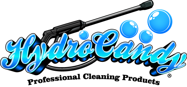 HydroCandy professional cleaning products logo with blue script and pressure washer wand