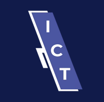 White ICT letters on a blue logo with a tilted white outline shape