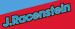 J. Racenstein logo in blue and white text on a red background