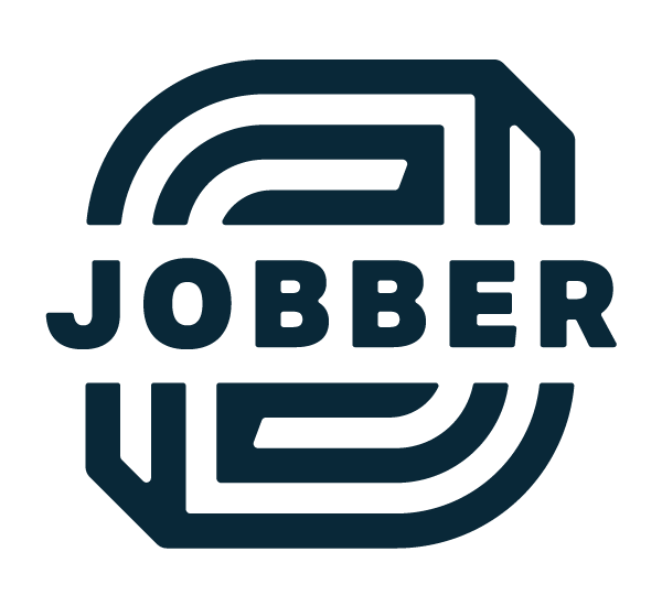 Jobber logo in dark teal with stylized interlocking letters on a white background