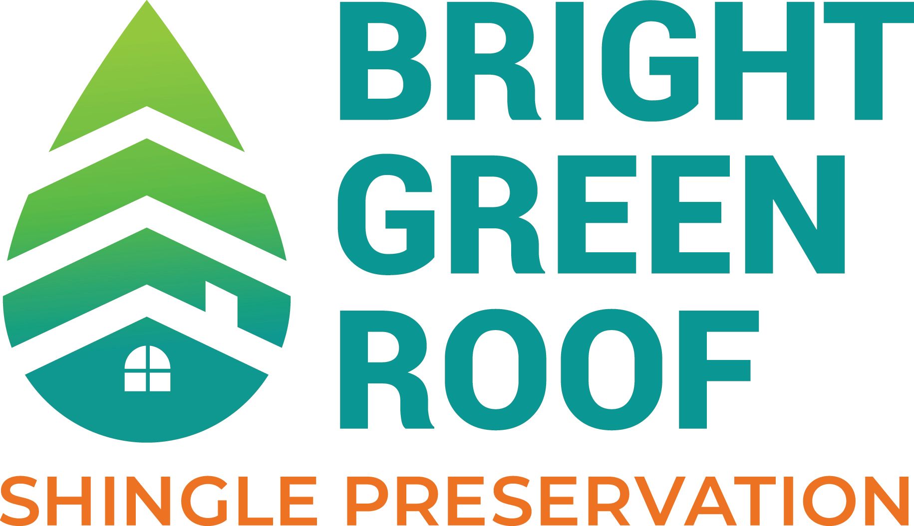 Bright Green Roof logo with green roof icon and orange “Shingle Preservation” text