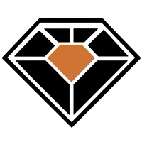Black outlined diamond logo with an orange center on a white background