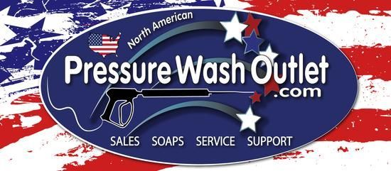 PressureWashOutlet.com logo with stars, red-white-blue background, and sales, soaps, service, support text