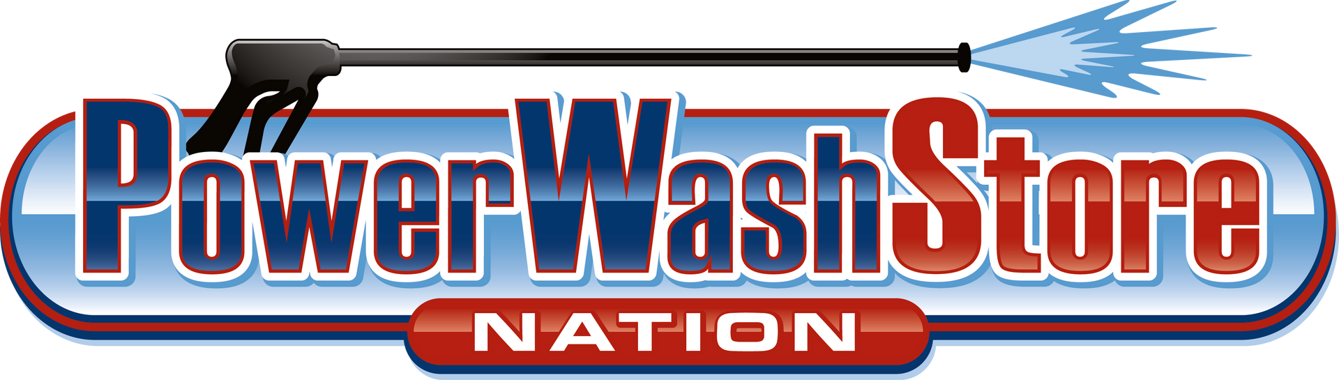 PowerWash Store Nation logo with red and blue text and a power washing wand spray above it
