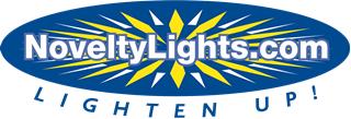 NoveltyLights.com logo with blue oval background and yellow light bursts, reading “LIGHTEN UP!”