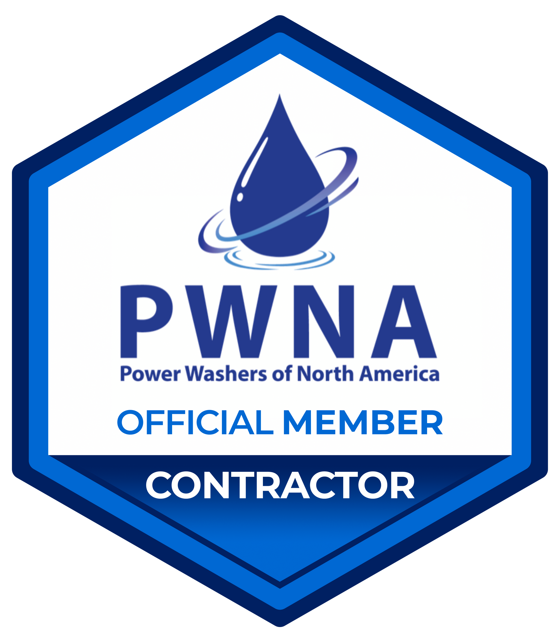 PWNA Official Member Contractor logo in blue and white hexagon with droplet icon