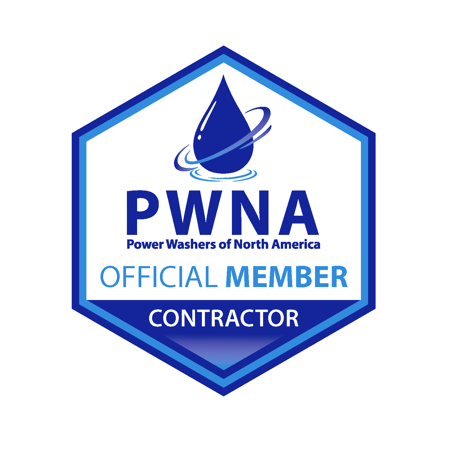 PWNA Official Member Contractor badge in blue and white with water droplet logo