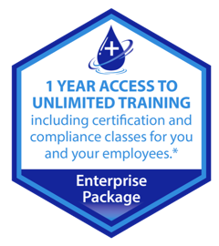 Blue hexagon badge offering 1 year access to unlimited training, certification, and compliance classes for enterprises