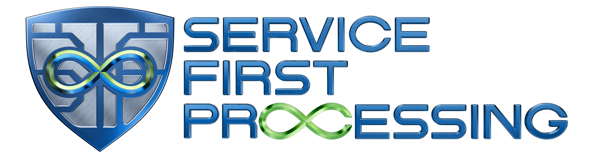 Service First Processing logo with blue shield and green accents on white background