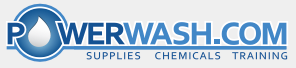 Powerwash.com logo with blue droplet icon and tagline: supplies, chemicals, training