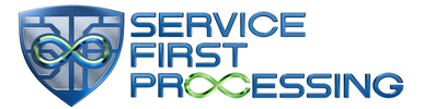 Service First Processing logo with blue shield and text in blue and green