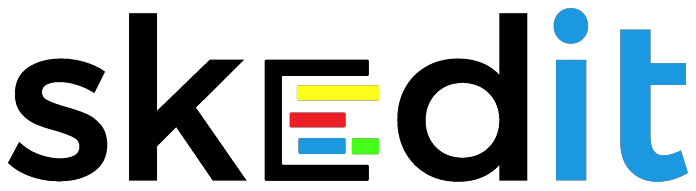 SkEdit logo with black and blue text and multicolored horizontal bars inside the E