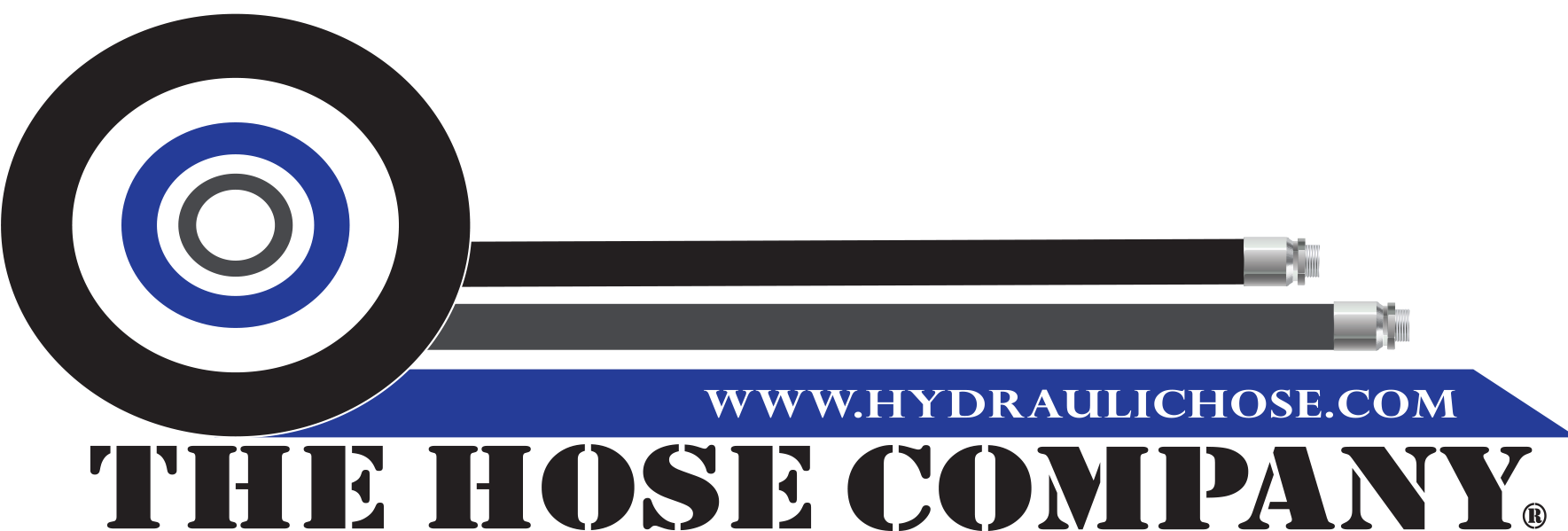 Logo for The Hose Company with a stylized hose reel, blue-and-white design, and website URL