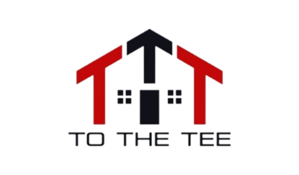 Logo with red and black house shapes forming a tree and the words “TO THE TEE” below