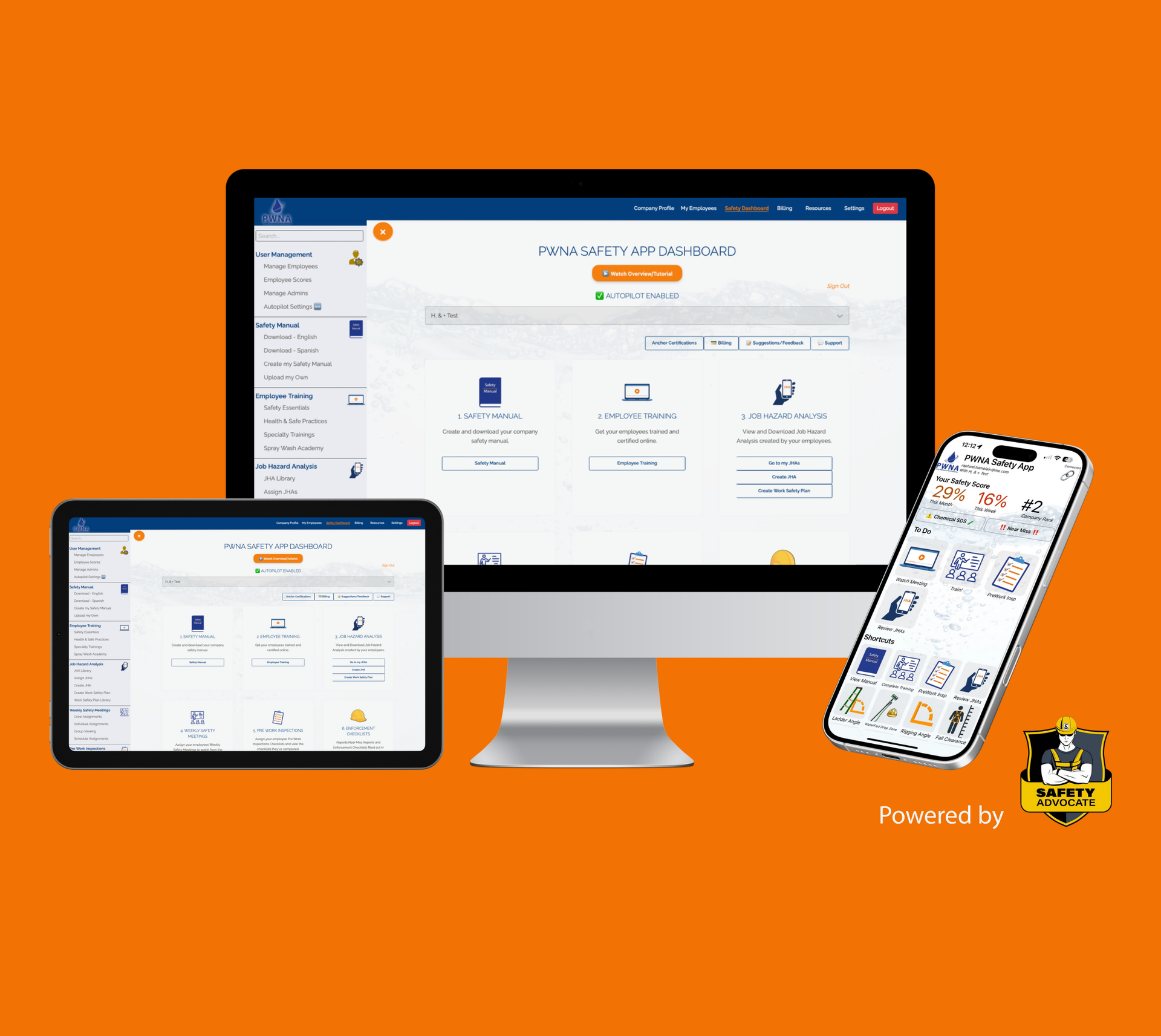 Responsive website shown on desktop, tablet, and phone against an orange background
