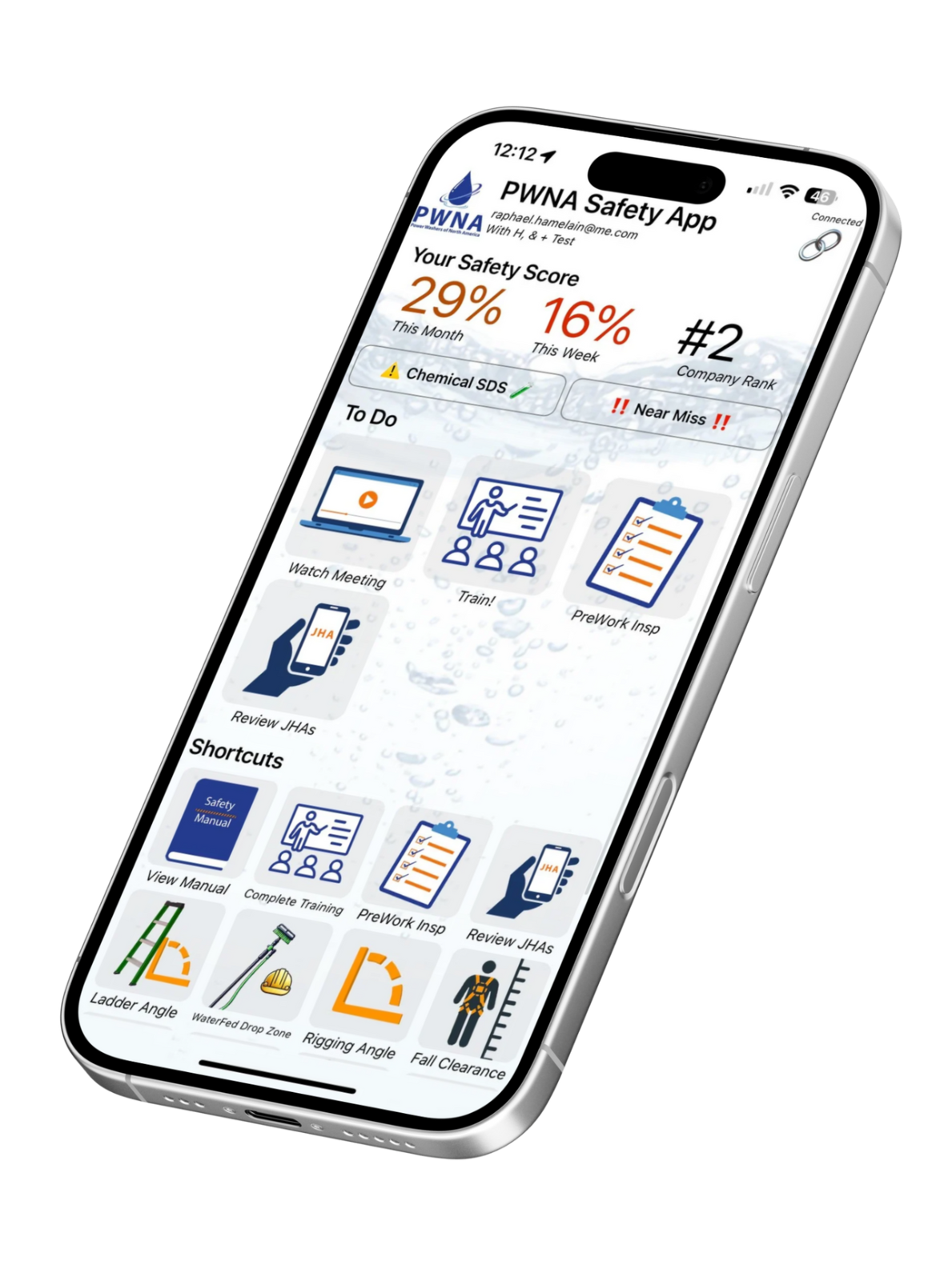 Smartphone displaying a white app dashboard with colorful icons and charts on screen