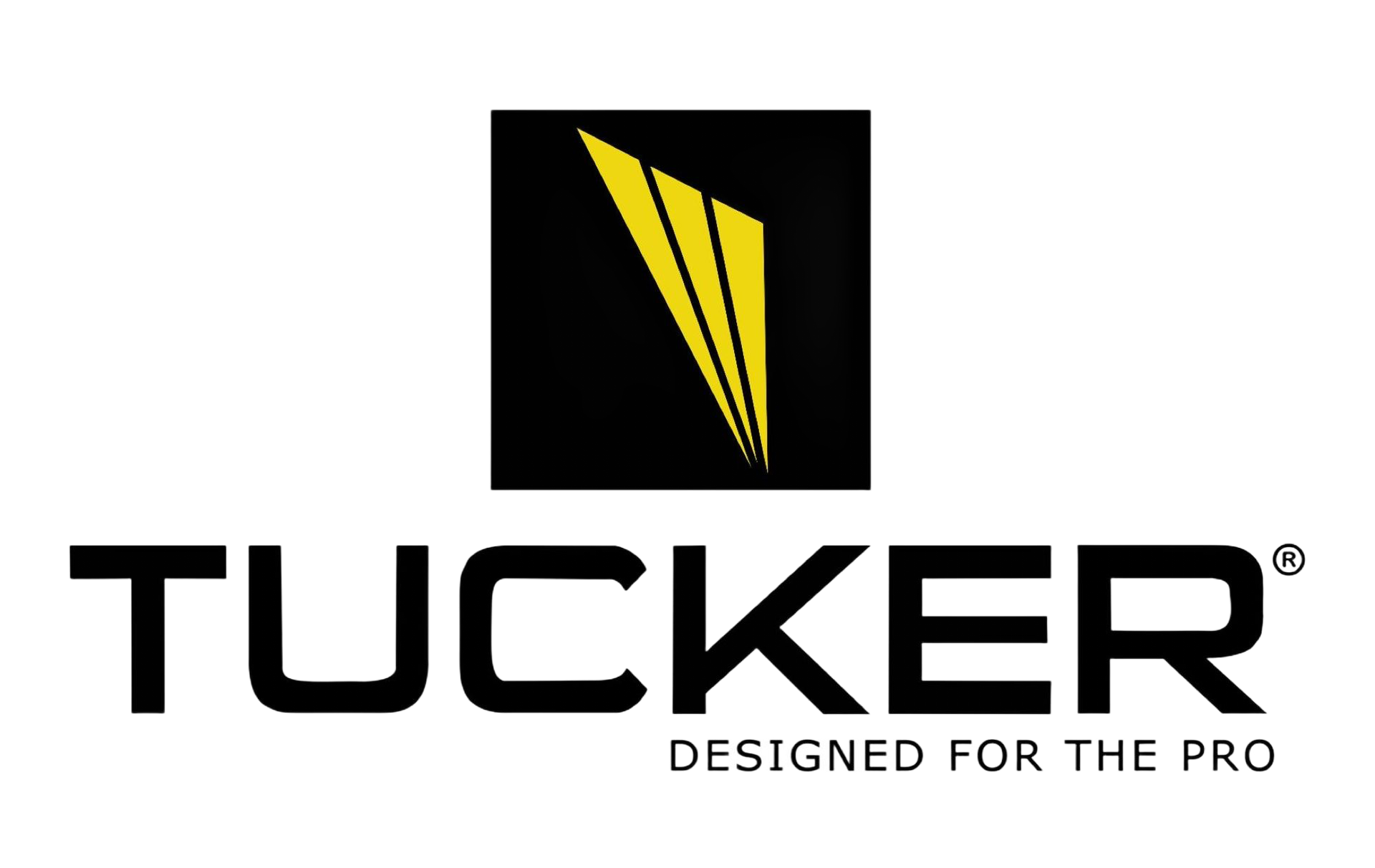 Tucker logo with yellow stylized triangle on black square and “DESIGNED FOR THE PRO” tagline