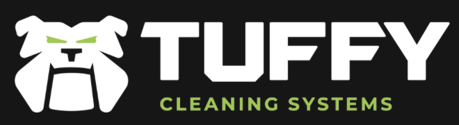 Tuffy Cleaning Systems logo with white bulldog icon, bold white “TUFFY” text, and green subtitle on black background