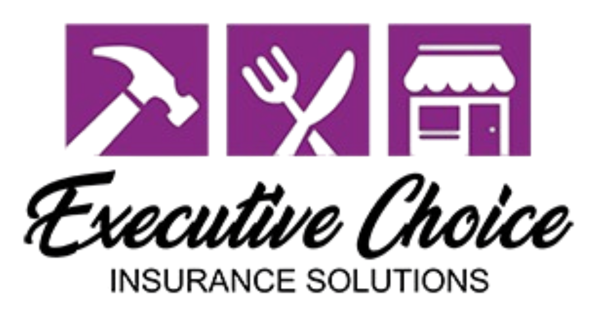 Executive Choice Insurance Solutions logo with purple tool, utensils, and storefront icons above script text