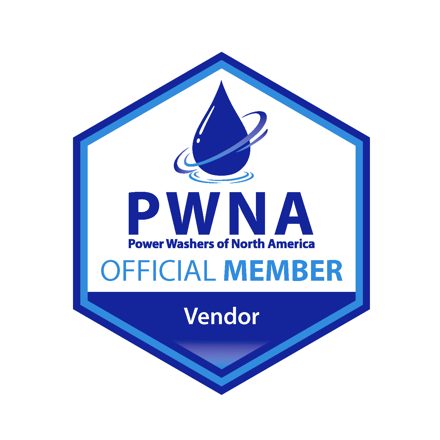PWNA Official Member vendor badge with blue hexagon and water droplet logo