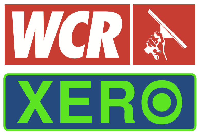 WCR XERO logos, red and blue sign with green lettering and a hand holding a squeegee icon