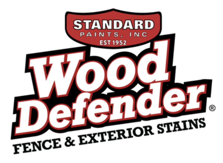 Wood Defender logo: red, white, and black paint brand with “Fence & Exterior Stains” text