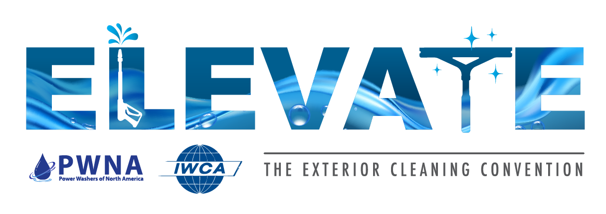 ELEVATE logo with blue palm trees and sponsor logos for the Exterior Cleaning Convention