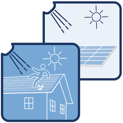 Two blue solar energy icons: rooftop panels and a house with a person installing panels under the sun