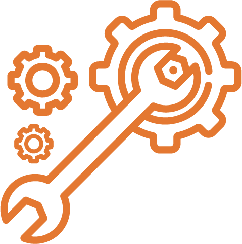 Orange gear and wrench icon with two smaller gears on a white background
