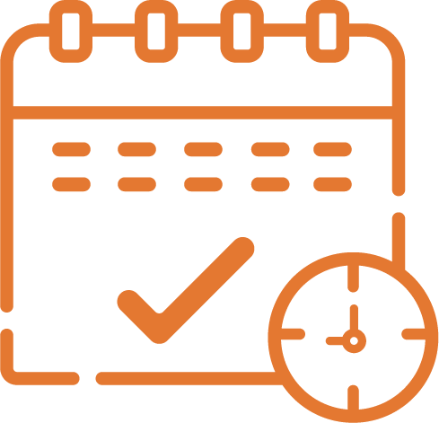Orange calendar with a checkmark and small clock, suggesting a scheduled event or reminder