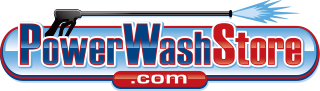 PowerWashStore.com logo with blue and red text and a power washer spray graphic