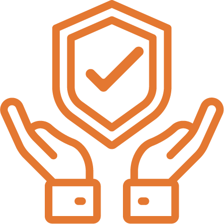 Orange shield with checkmark above two cupped hands, symbolizing protection or security