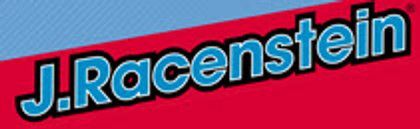 J. Racenstein logo in bold blue letters with black outline on a red background