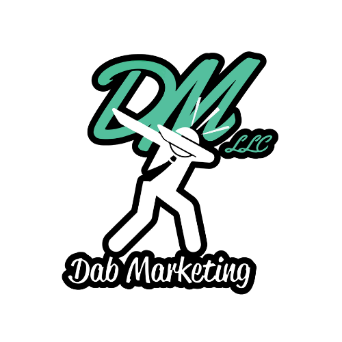 Dab Marketing logo with teal “DM” and a white dancing figure on a black-and-white design.