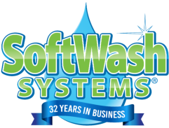 SoftWash Systems logo in green and blue with a ribbon reading “32 years in business”