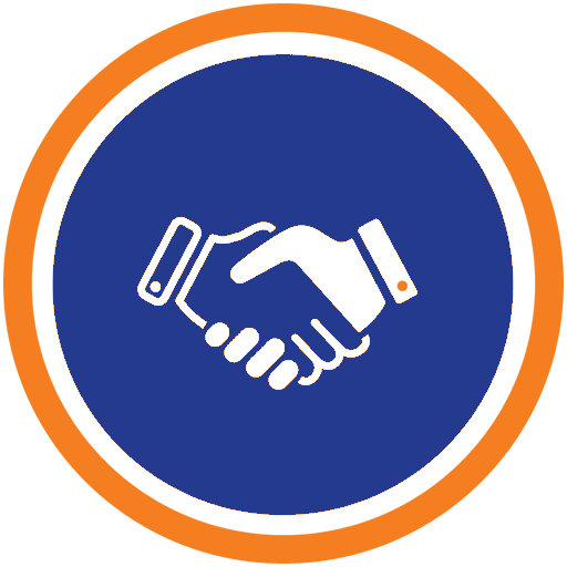 Handshake icon in white on a blue circle with an orange border