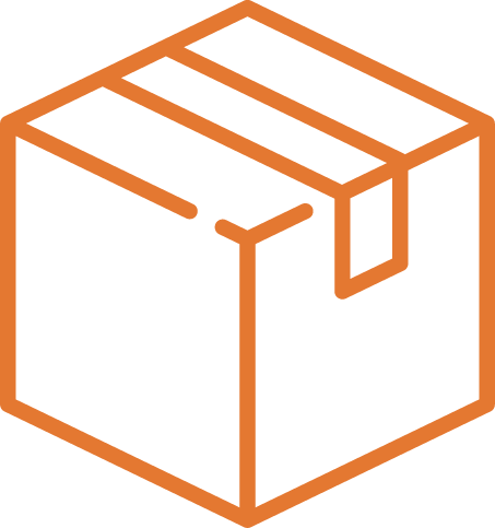 Orange outline of a cardboard shipping box icon with a taped top flap