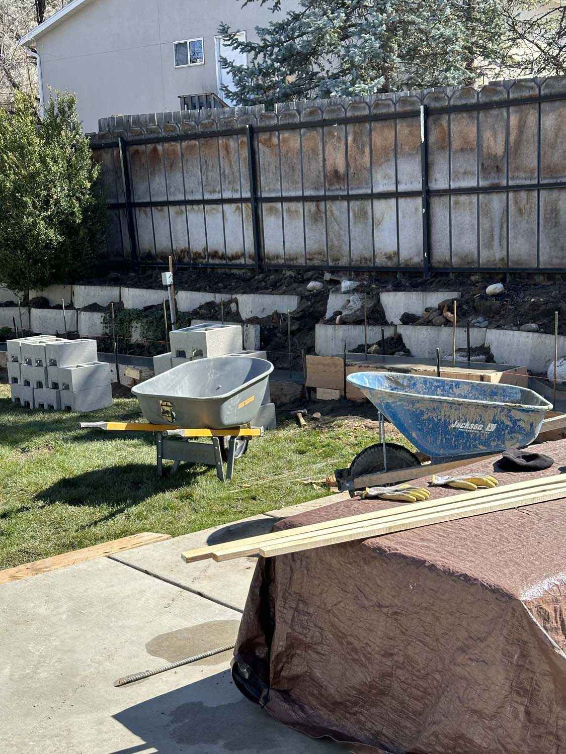 A bunch of wheelbarrows are sitting on the grass in a backyard.