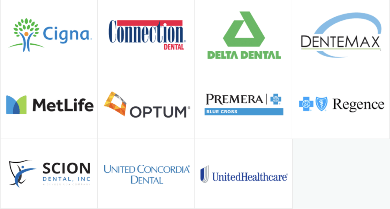 Collage of dental and health insurance provider logos, including Cigna, MetLife, Optum, Delta Dental, and UnitedHealthcare