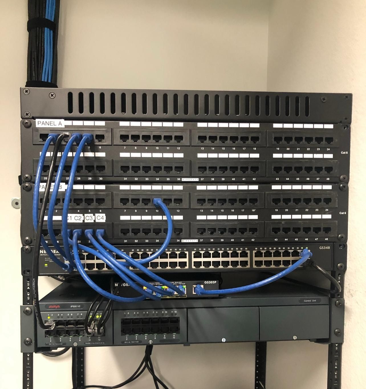 Wall-mounted network switch rack with rows of ports and blue Ethernet cables in a server room