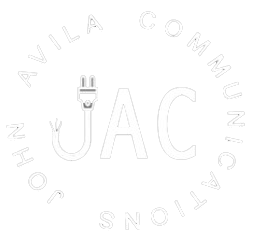 Faint logo with a plug icon and large JAC letters, surrounded by curved text reading “AVILA COMMUNICATIONS”