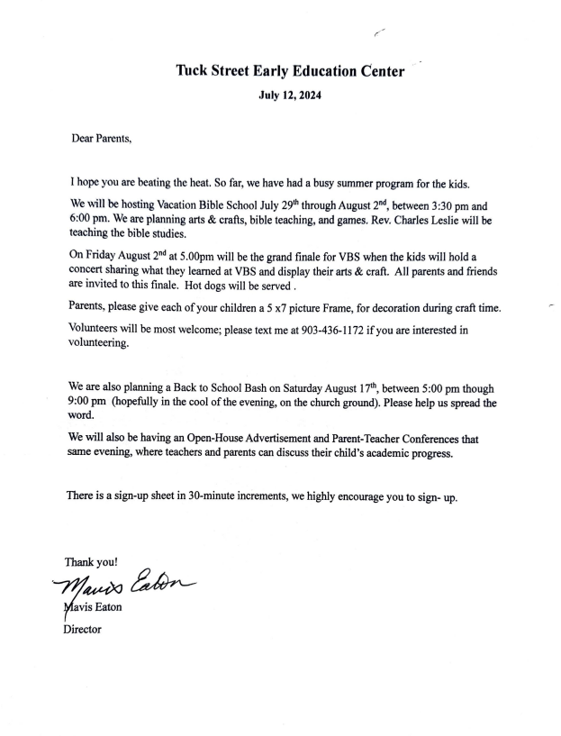 A thank you letter from the turk street early education center.