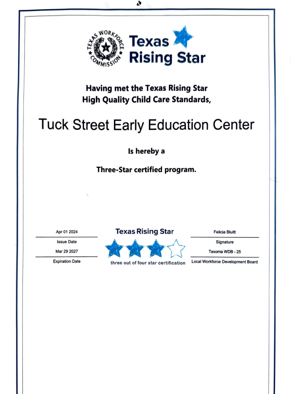 A texas rising star certificate for tuck street early education center